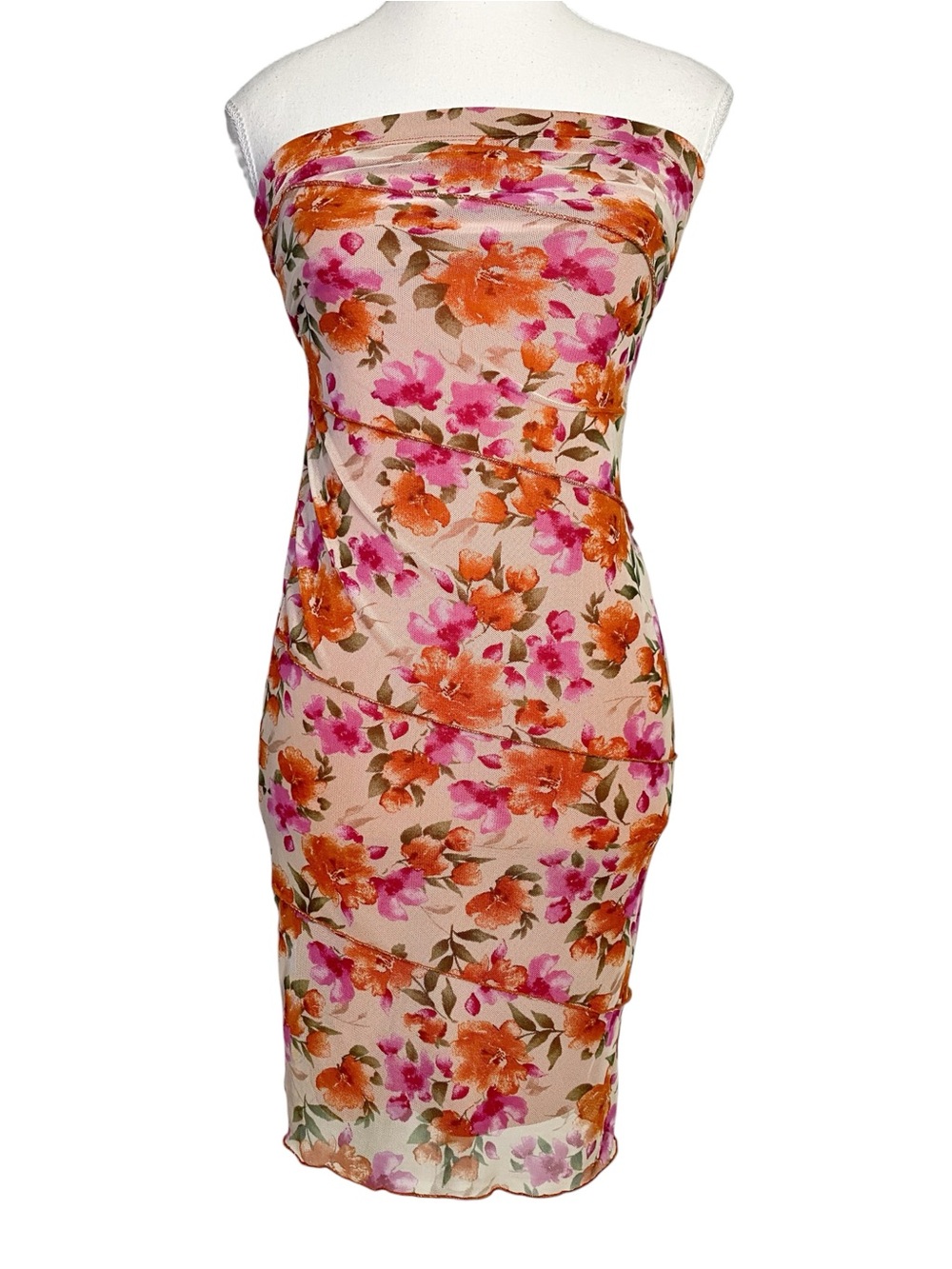 Rolla Coster Y2K Floral Mesh Ruched Tube Dress Pink Orange Size S